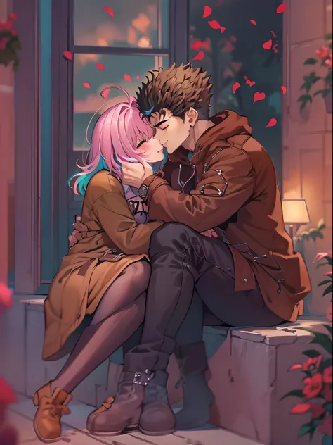 riamu,guts,couple,husband and wife,love dovey couple,sitting,hug,kiss,smile,(best quality,4k,8k,highres,masterpiece:1.2),ultra-detailed,(r1.37),portraits,vivid colors,warm tones,soft lighting