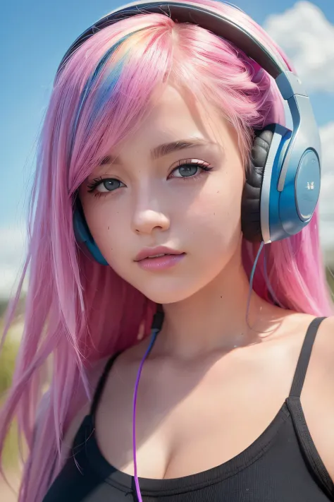 (best quality,close up standing square to camera, 4k,8k,highres,masterpiece:1.2),ultra-detailed,(realistic,photorealistic,photo-realistic:1.37),lofi style,beautiful teenage girl with rainbow hair and headphones,portrait,positive vibes,music cover photo,ani...