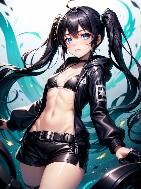 (bloom, shiny, depth of field, blurry background, light particles, colorful), (black rock shooter:1.3), ((glowing blue eyes)), ((black hair)), ((very long twintails)), (medium breasts), navel, (black long open hooded jacket), ((black bikini)), [short short...