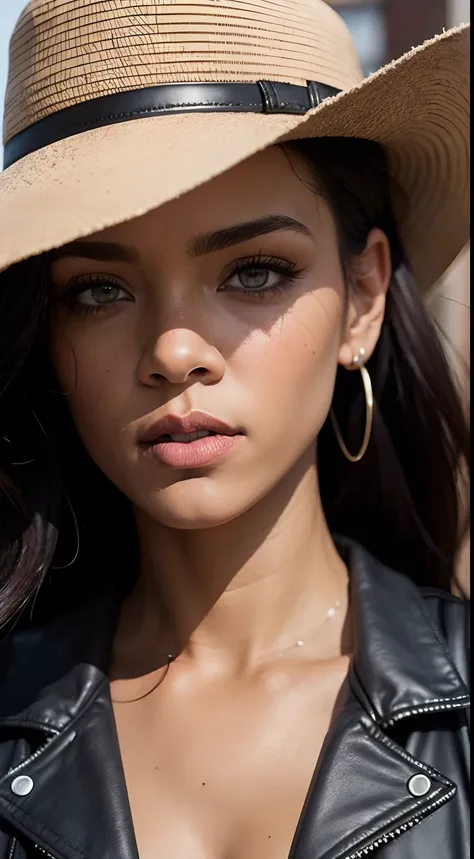 a close-up shot of a woman with a serious expression, wearing a blue leather jacket and a fedora, the background should be out o...