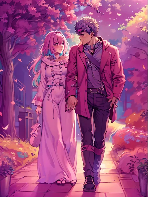 riamu,guts,couple,husband and wife,love dovey couple, walking,,kiss,smile,(best quality,4k,8k,highres,masterpiece:1.2),ultra-detailed,(r1.37),portraits,vivid colors,warm tones,soft lighting