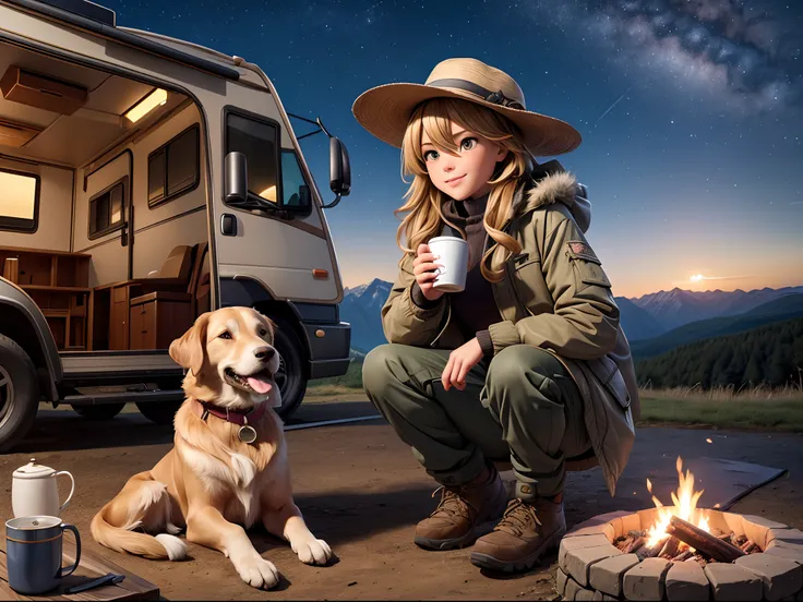 (8K, 16 K, awardwinning, Best Quality, hight resolution, high details, Anatomically correct, Textured skin, mastutepiece:1.3),(Motorhome:1.3), Large dog golden retriever, (1 girl:1.4), Solo, Campfire, tarp tent, bonfire, mug, steam, night, starry sky, shoo...