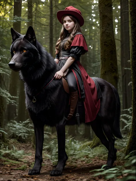 Cute 12 years old European girl,  in the dark forest, big black wolf behind her, seductive look, honey hair, pale skin, detailed medieval clothing, red hat, hyper realistic, lifelike texture, dramatic lighting, backlighting, Nikon RAW photo, 8k, Fujifilm X...