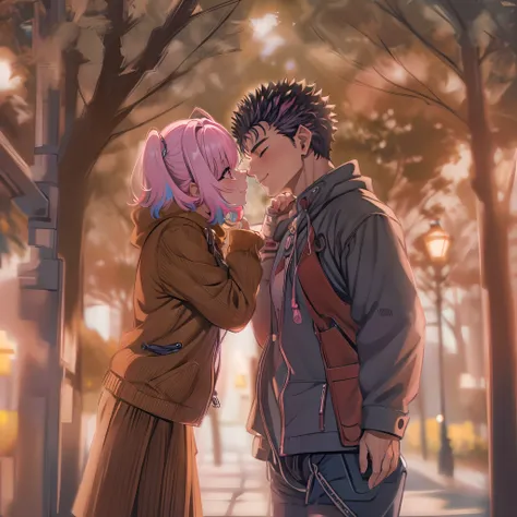 riamu,guts,couple,husband and wife,love dovey couple, walkinghug,kiss,smile,(best quality,4k,8k,highres,masterpiece:1.2),ultra-detailed,(r1.37),portraits,vivid colors,warm tones,soft lighting