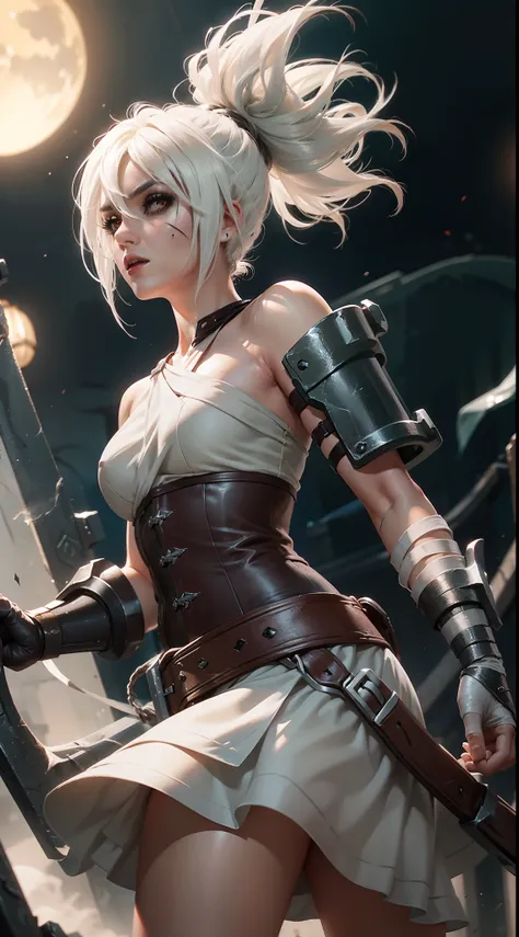 (masterpiece:1.2), best quality, riven \(league of legends\), 1girl, folded ponytail, short dress, coreset, single pauldron, whi...