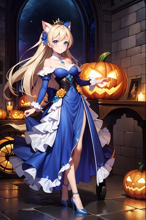 Pumpkin carriage，（Pumpkin carriage on background），Fairy World，stained glass background、one girls，adorable smiling, Cinderella，Light blue long hair, Twin-tailed,Long Blue Crystal Dress，Moonlight，Long steps，Crystal Shoes，