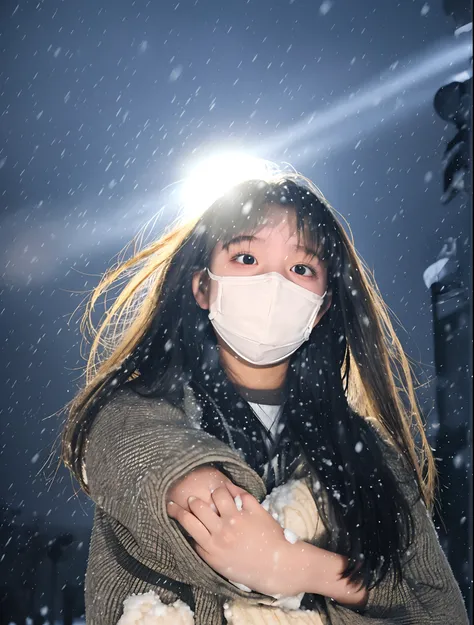 teens girl，the street lights，Heavy snowfall