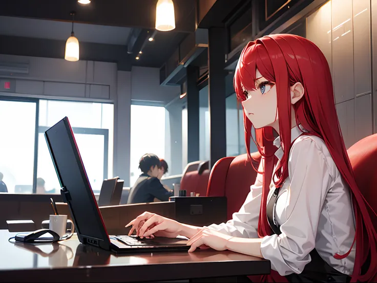 Woman using laptop in fashionable café、20yr old、Angry、angry、frontage、The upper part of the body、red hairs、semi long hair