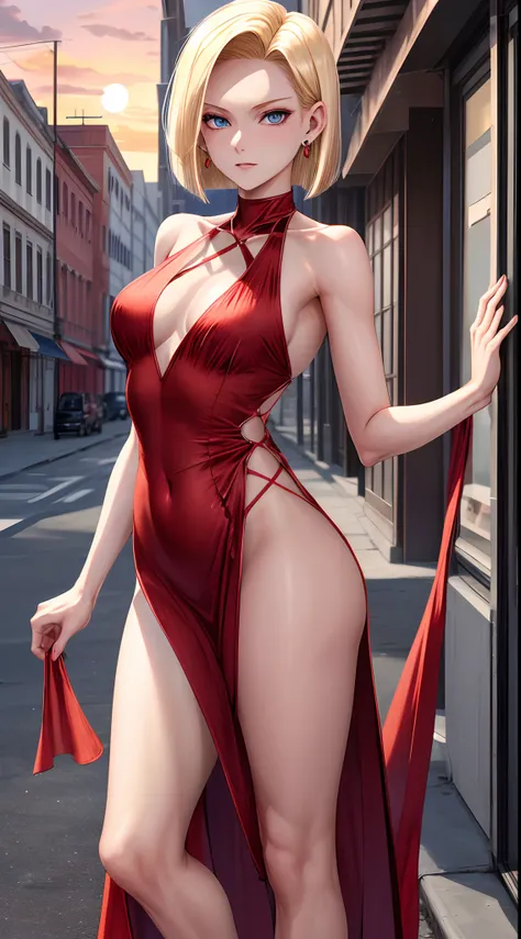 best quality, highres, and18, 1girl, android 18, solo, blonde hair, blue eyes, short hair, earrings, jewelry, medium breasts, cowboy shot, street, (She wears a red evening dress with a slit showing her leg., sunset,