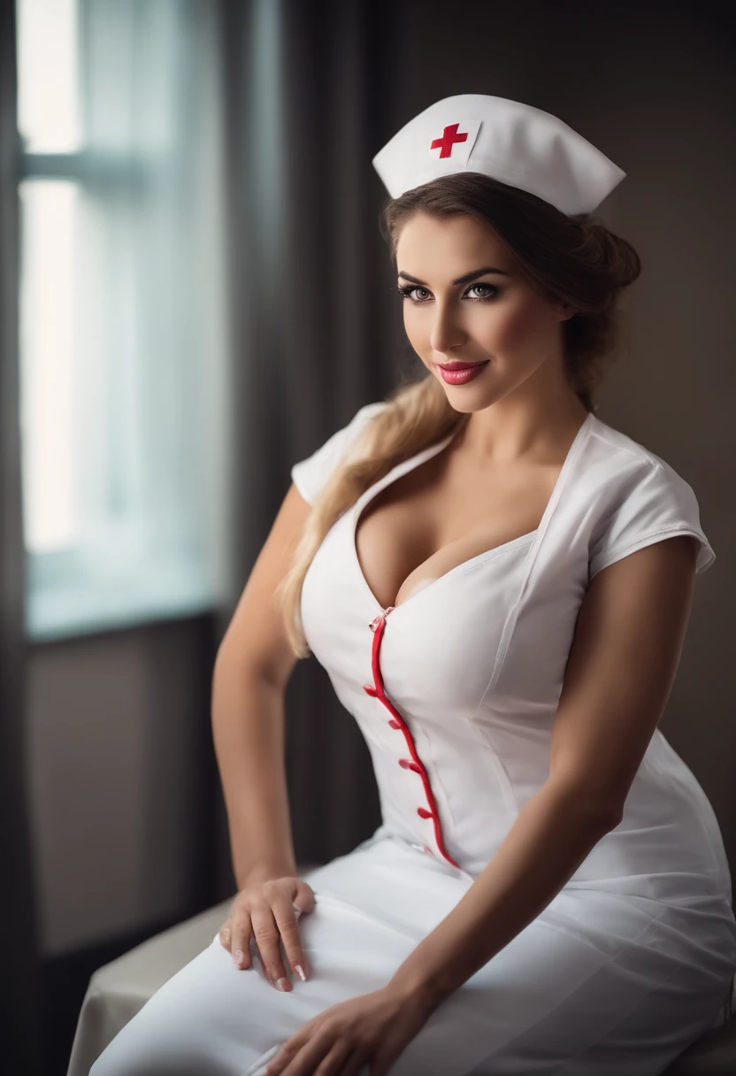 (Best quality,high resolucion:1.2),Ultra-detailed,Realstic,sexy nurse,beautiful detailed  eyes,beautiful detailed lips,extremely detailed eyes and face,Cils longs,Tenue professionnelle,seductive look,seductive smile,Vibrant colors,softlighting,Medical Acce...