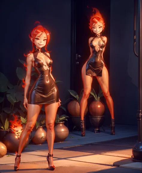 Ember, girl made of fire, wide hips, nice breasts, ((full body)), seductive, seductive little smile, seductive sexy stance, spreader legs, seductive tight cutout dress