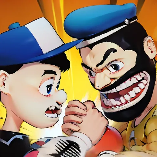 A cartoon of a man and a boy，There are fake beards and fake beards, Fist fights the devil, close-up fight, intense battles, anime fight, Cartoon Art Style, fistfighting, Cartoon Art Style, fight battle, fighting game, cartoon art, violently fist fighting, ...