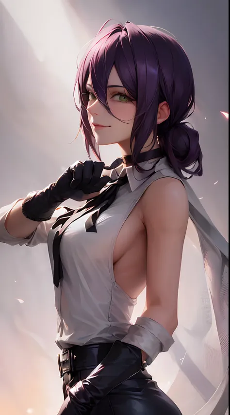 1girl, portrait of beautiful RezeCSM, solo, looking_at_viewer, smile, shirt, white_shirt, breasts, collared_shirt, hair_bun, upper_body, sleeveless, black_ribbon, ribbon, sleeveless_shirt, bare_shoulders, single_hair_bun, medium_breasts, purple_hair, black...