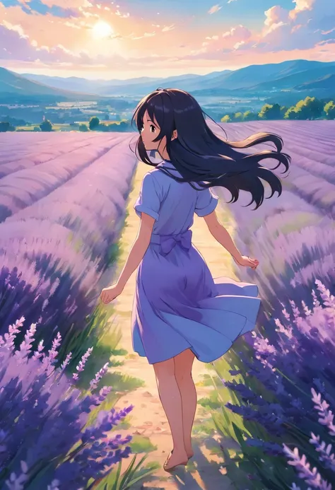 A girl, In a lavender field, Long black hair flying, blue-sky, k hd.