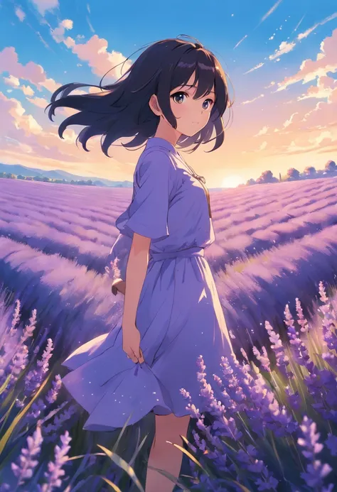 A girl, In a lavender field, Long black hair flying, blue-sky, k hd.