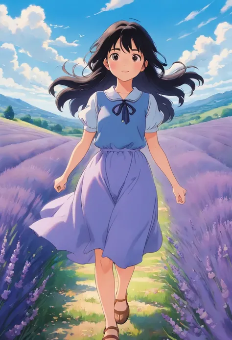 A girl, In a lavender field, Long black hair flying, blue-sky, k hd.