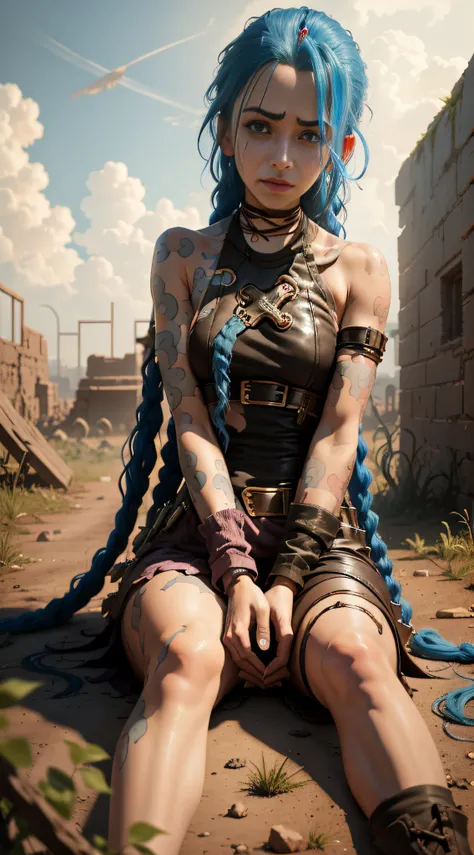 Jinx Storm，Jinx，Ruined battlefield，Jinx sits alone on the ruins，holding her knees with both hands，low head，Frustrated，streaming tears，weeping，agony，unhelpless，irate，Hold back tears