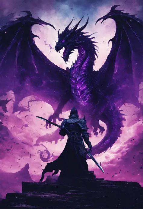 Purple dragon radiating blue energy particles, guy, longsword, black-knight, bloody, war, battlefield, smoking-background, rain, cloudly, storm, horror