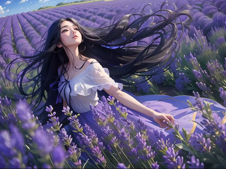 A girl, In a lavender field, Long black hair flying, blue-sky, k hd.