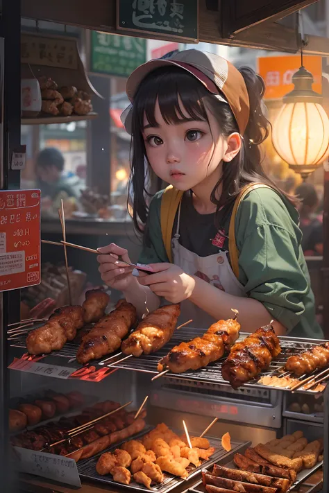 A girl, At a small stall,Fried chicken wings are sold,grilling skewers,lamplight,