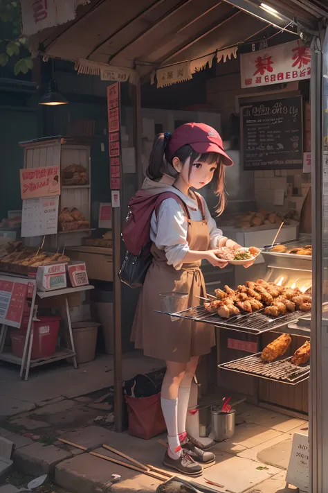 A girl, At a small stall,Fried chicken wings are sold,grilling skewers,lamplight,