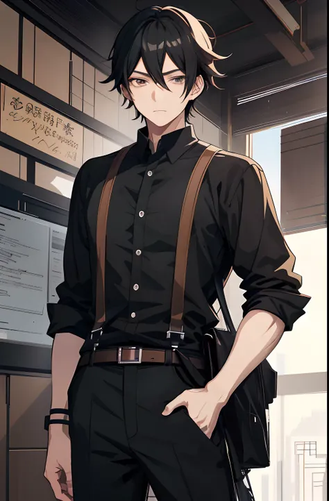 Anime boy with black hair and black shirt and brown suspenders, a character portrait inspired by Okumura Togyu, trending on pixiv, shin hanga, young anime man, anime moe art style, Anime Boy, Smooth Anime CG Art, artwork in the style of guweiz, Male anime ...