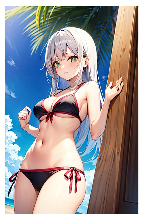 1 girl in, (masutepiece: 1.1), (Best Quality: 1.1), Colorful bikini, (Beach: 1.1)、From below、Cowboy Shot, Silver hair, Long hair, Green eyes, Side view,