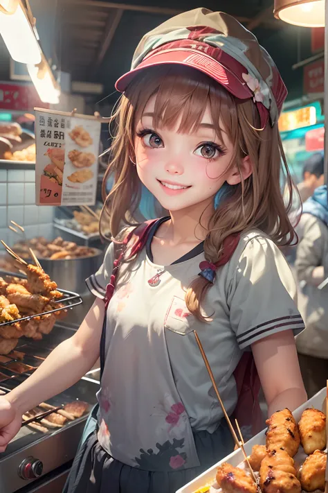 A girl, smile, At a small stall,Fried chicken wings are sold,grilling skewers,lamplight,