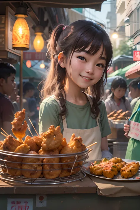 A girl, smile, At a small stall,Fried chicken wings are sold,grilling skewers,lamplight,