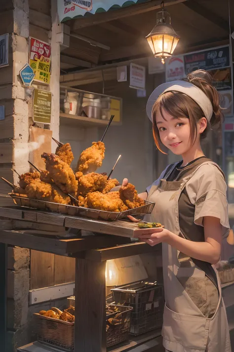 A girl, smile, At a small stall,Fried chicken wings are sold,grilling skewers,lamplight,