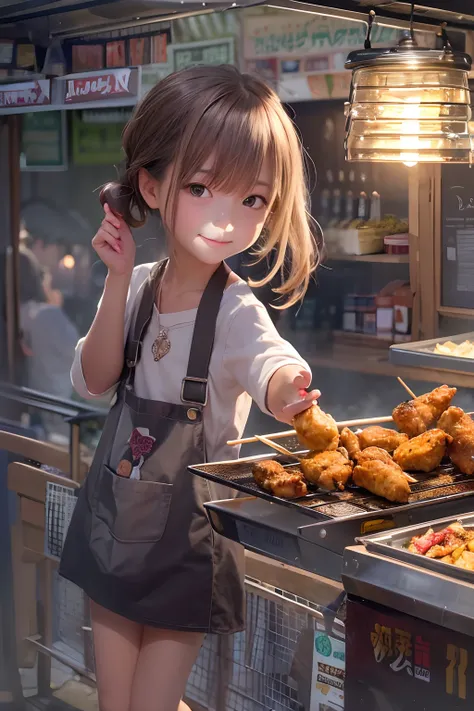 A girl, smile, At a small stall,Fried chicken wings are sold,grilling skewers,lamplight,