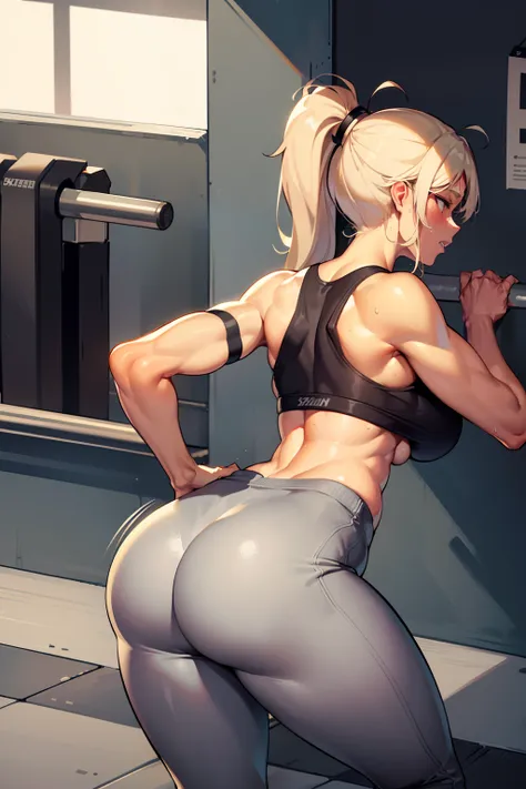 gym, exersice, workout, hot, sweating, sweaty, tan, big boobs, ass, lifting, yogapants, grey yogapants, grey pants, grey clothes, blonde, ponytail, big ass, lean body, blonde, blonde hair, woman, grey pants,