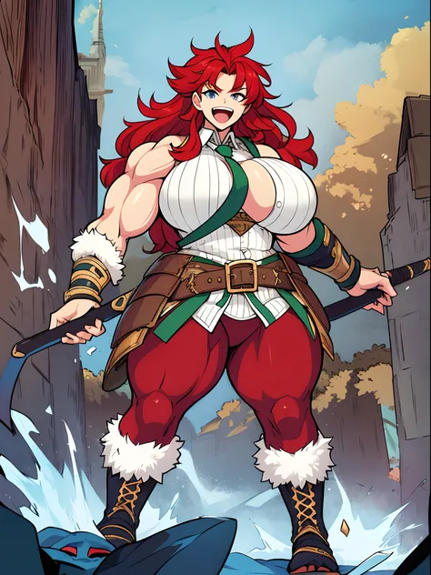 tomboy, warrior, berserker, tall female, muscular female, living hair, sauvage,, medieval clothing, fantasy, fantasy weapon, huge breasts, barbarian pants, , combat boots, armor, red hair, crazy smile, open mouth, biceps, necktie, thick arms,pullover, solo...