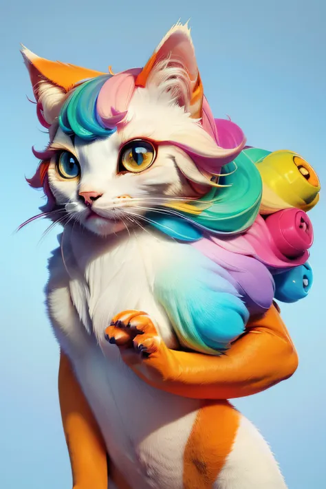 (best quality,8k,highres,masterpiece:1.2),lofi style,beautiful cat with rainbowfur portrait,positive vibes,music cover photo,anime,soft colors,warm lighting