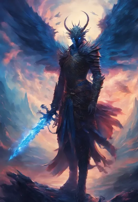 Human with large draconian wings radiating blue energy particles, longsword, bloody, war, battlefield, castle background, rain, cloudly, storm, horror