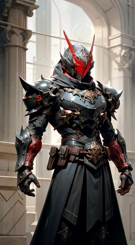 A man wears a full-face helmet that mostly covers his face., Decorated with fantasy-style armor, The striking black color is highlighted by a red texture in this character design, embodying a fantasy-style armored warrior design that is intricately crafted...