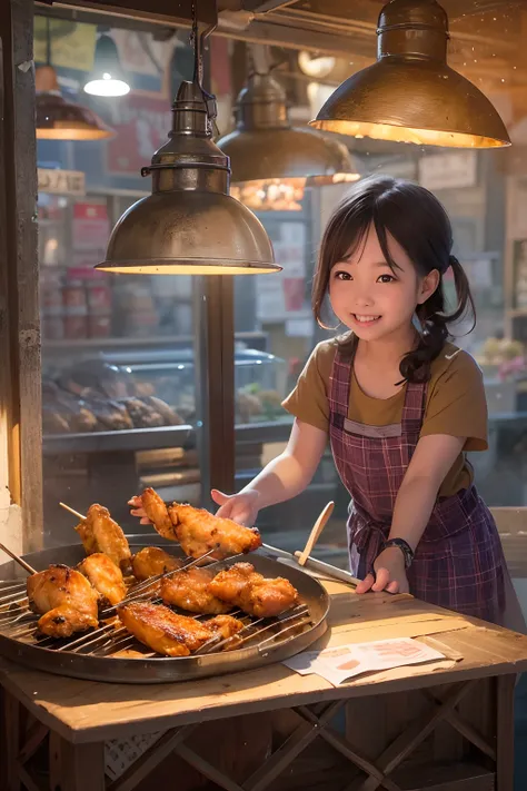 A girl, smile, At a small stall, Fried chicken wings are sold, grilling skewers,lamplight,