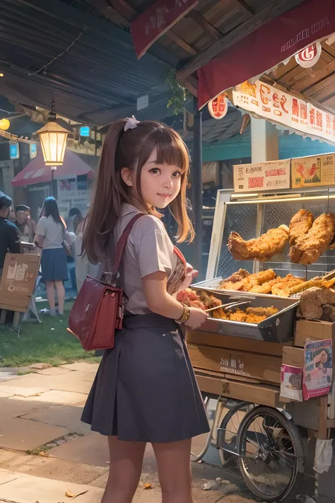 A girl, smile, At a small stall, Fried chicken wings are sold, grilling skewers,lamplight,