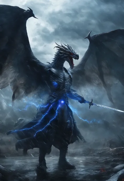 Human with large draconian wings radiating blue energy particles, longsword, bloody, war, battlefield, castle background, rain, cloudly, storm, horror