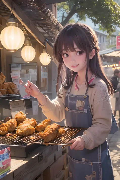 A girl, smile, At a small stall,Fried chicken wings are sold,grilling skewers,lamplight,