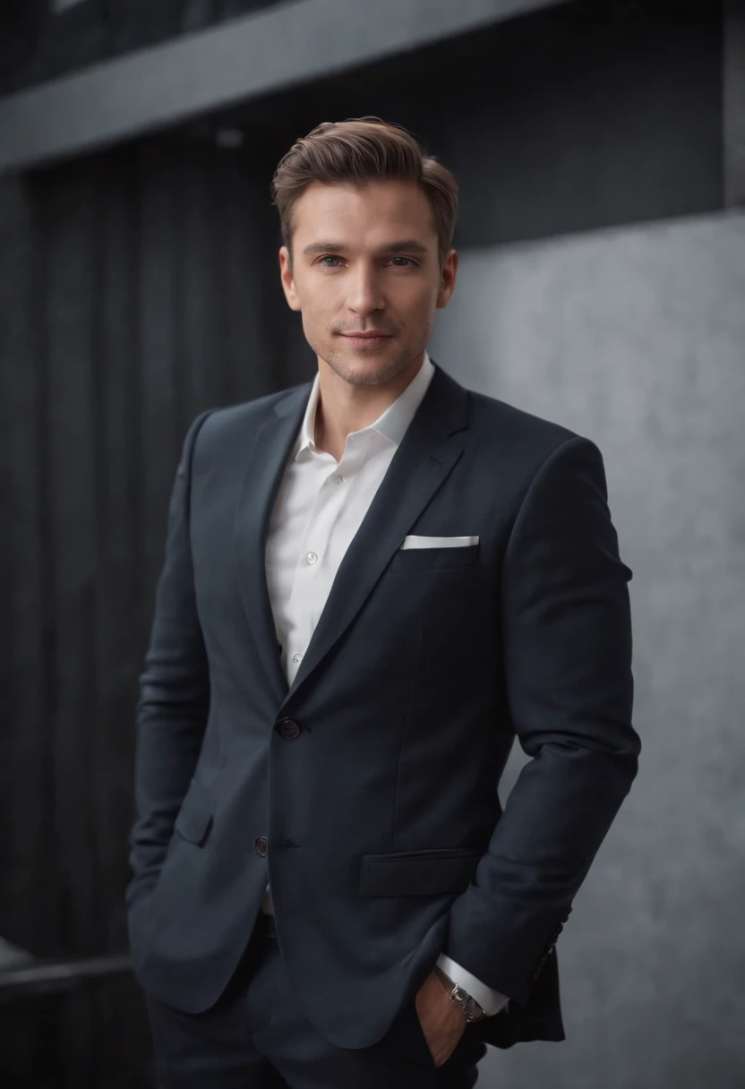 Portrait of a man in a business suit, elegant and charismatic, with a stage background, DSLR, monochrome, s1000, c3