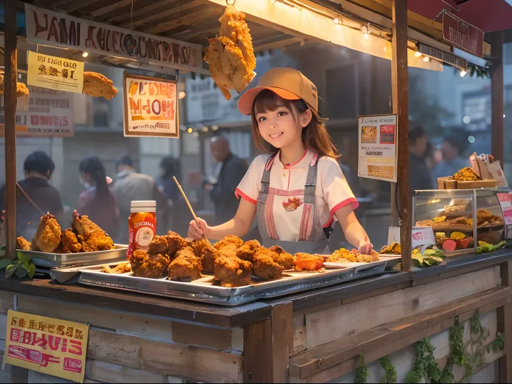 A girl, smile, At a small stall,Fried chicken wings are sold,grilling skewers,lamplight,