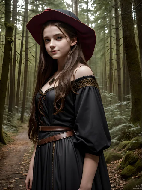 Cute 12 years old European girl,  in the dark forest, big black wolf behind her, seductive look, honey hair, pale skin, detailed medieval clothing, red hat, hyper realistic, lifelike texture, dramatic lighting, backlighting, Nikon RAW photo, 8k, Fujifilm X...