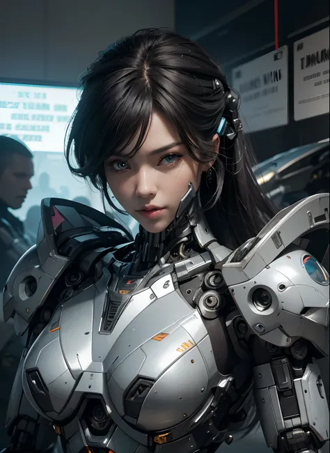 Textured skin, Super Detail, high details, High quality, Best Quality, hight resolution, 1080p, hard disk, Beautiful,(cyborgs),beautiful cyborg woman,Mecha Cyborg Girl,Battle Mode,Girl with a Mecha Body,She wears a combat cyborg mech with a weapon