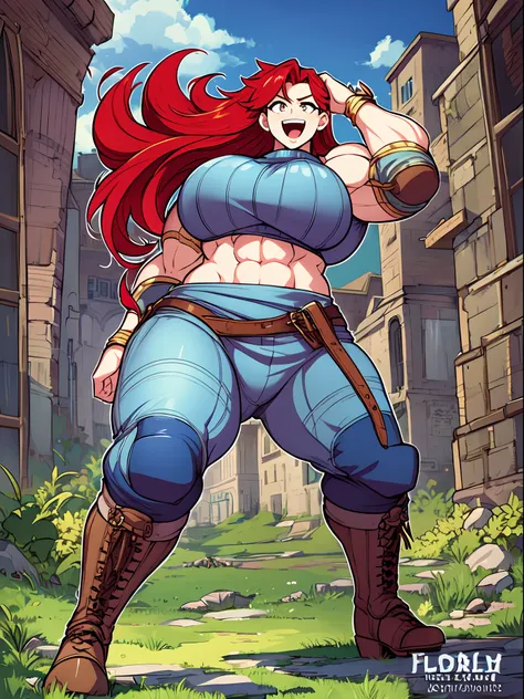 tomboy, warrior, berserker, tall female, muscular female, living hair, sauvage,, medieval clothing, fantasy, fantasy weapon, huge breasts, barbarian pants, , combat boots, armor, red hair, crazy smile, open mouth, biceps, necktie, thick arms,pullover, solo...
