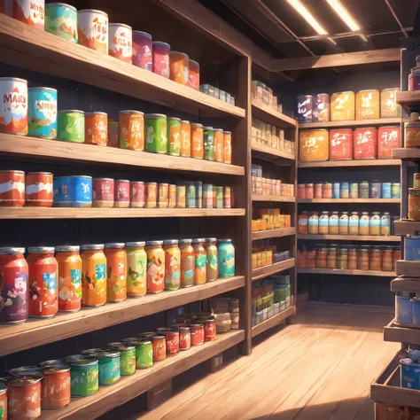 Canned products in the foreground are placed on wooden shelves, Inside the Black Wall store, Square poster with empty space