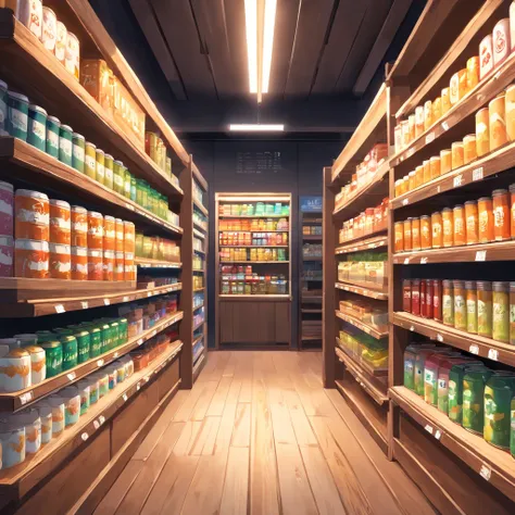 Canned products in the foreground are placed on wooden shelves, Inside the Black Wall store, Square poster with empty space