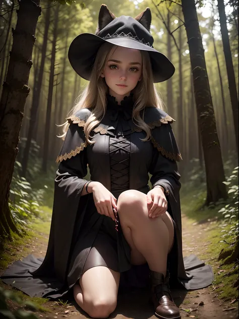 Cute 12 years old European girl,  in the dark forest, big black wolf behind her, seductive look, honey hair, pale skin, detailed medieval clothing, red hat, hyper realistic, lifelike texture, dramatic lighting, backlighting, Nikon RAW photo, 8k, Fujifilm X...