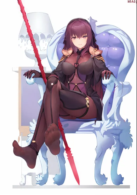 ((Sakura Matou)), anime girl sitting on a chair, purple hair, feet, best quality, high quality, 8k, high-tech suit,