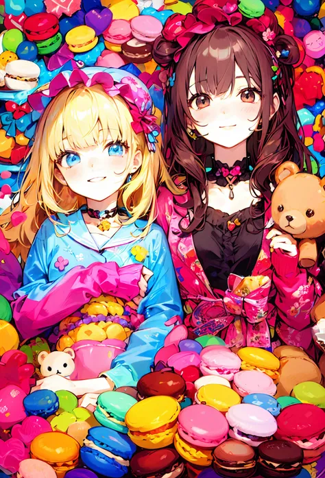 Anime characters sitting on piles of teddy bears and macarons, decora inspired illustrations, hanayamata, Anime Girls, official artwork, two beautiful anime girls, sweets, Cute Anime, kawaii anime manga style, kawacy, dreamy psychedelic anime, cute anime s...